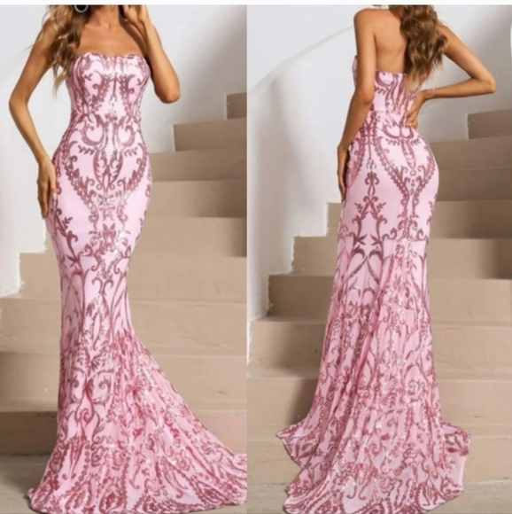 PINK MERMAID FLORAL EMBROIDERED PREMIUM BRAND AND QUALITY DRESS - Picture 1 of 16